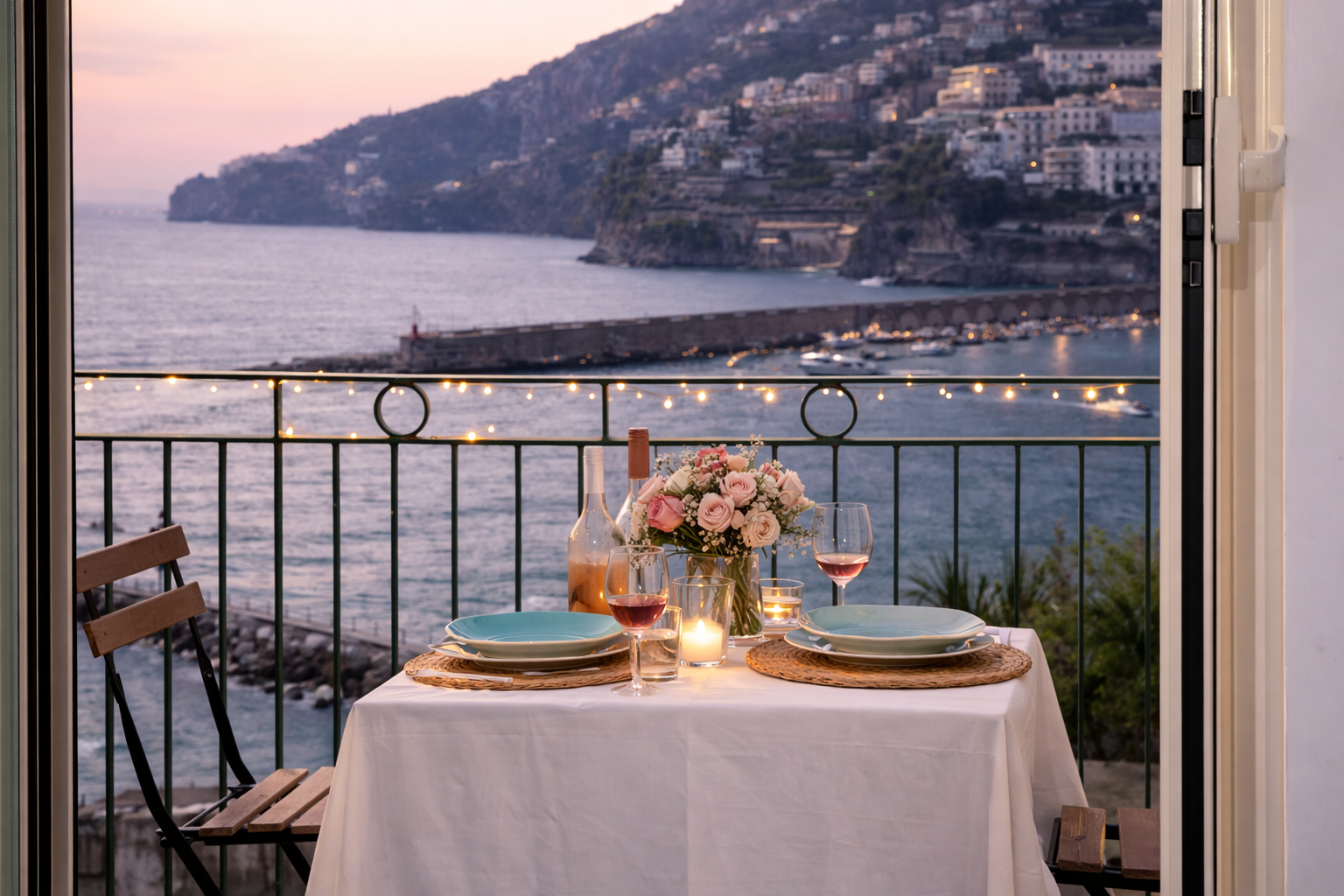 Cena romantica sul balcone di AMALFI Sea House con tavolo apparecchiato, candele, rose e vista sulla baia di Amalfi al tramonto
